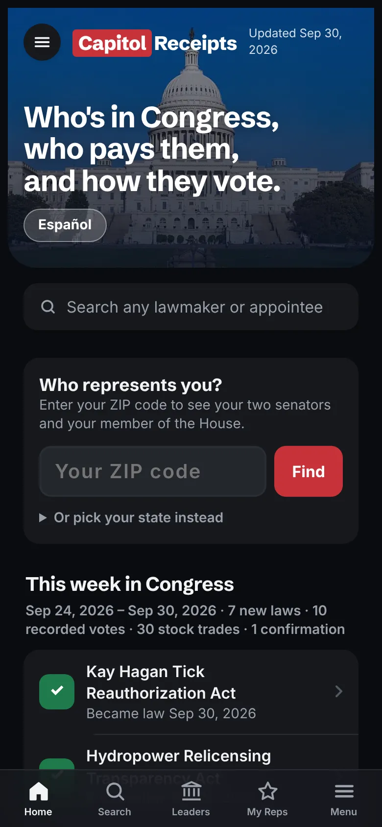 Home screen in dark mode