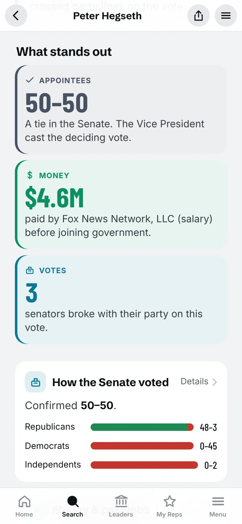 Defense Secretary Pete Hegseth's profile showing his past income