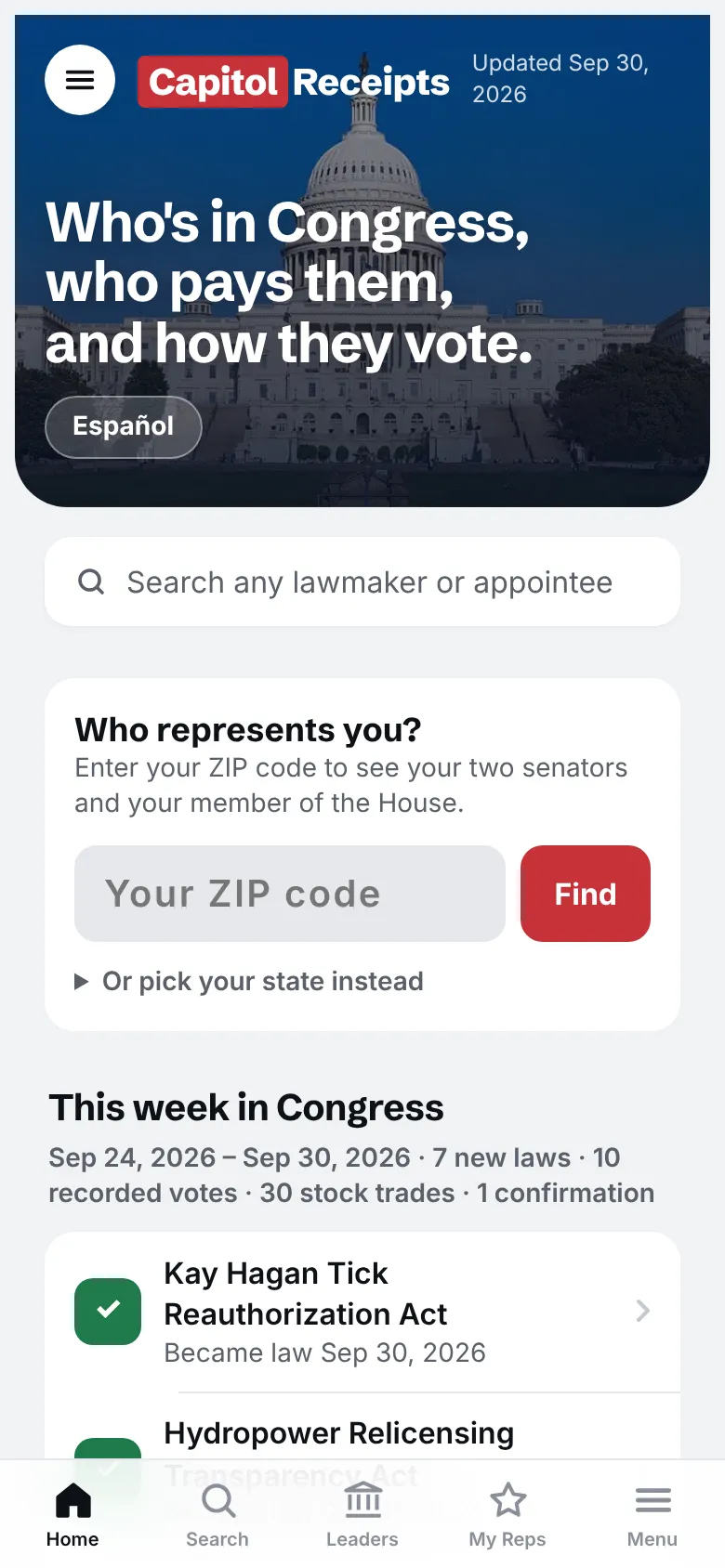 Capitol Receipts home screen with stories from the data