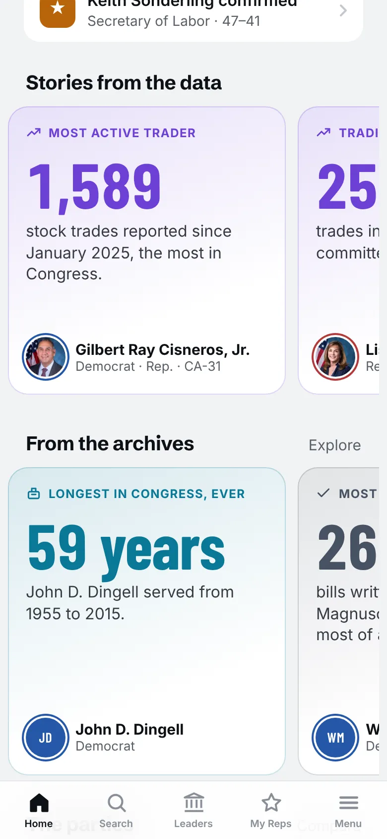 Swipeable story cards on the home screen