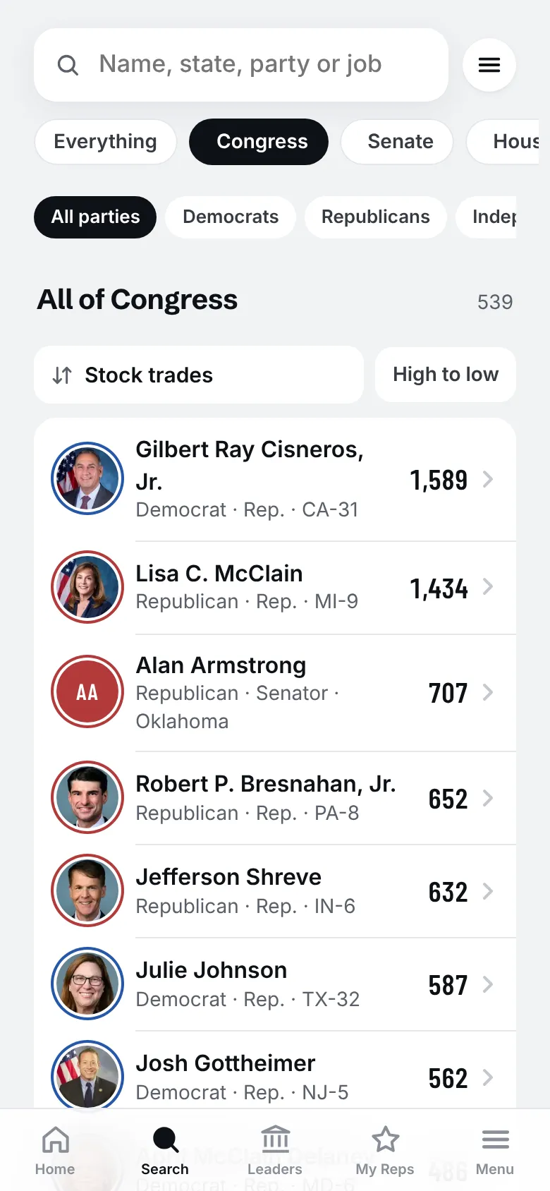Search screen sorted by most stock trades