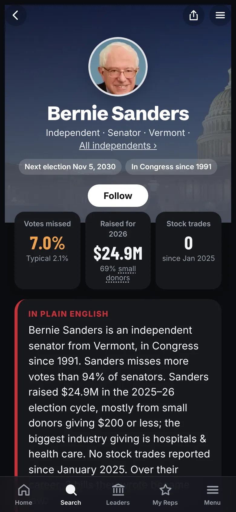 Profile of Sen. Bernie Sanders in dark mode