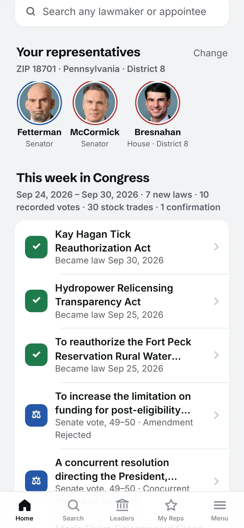 Your representatives found by ZIP code 18701