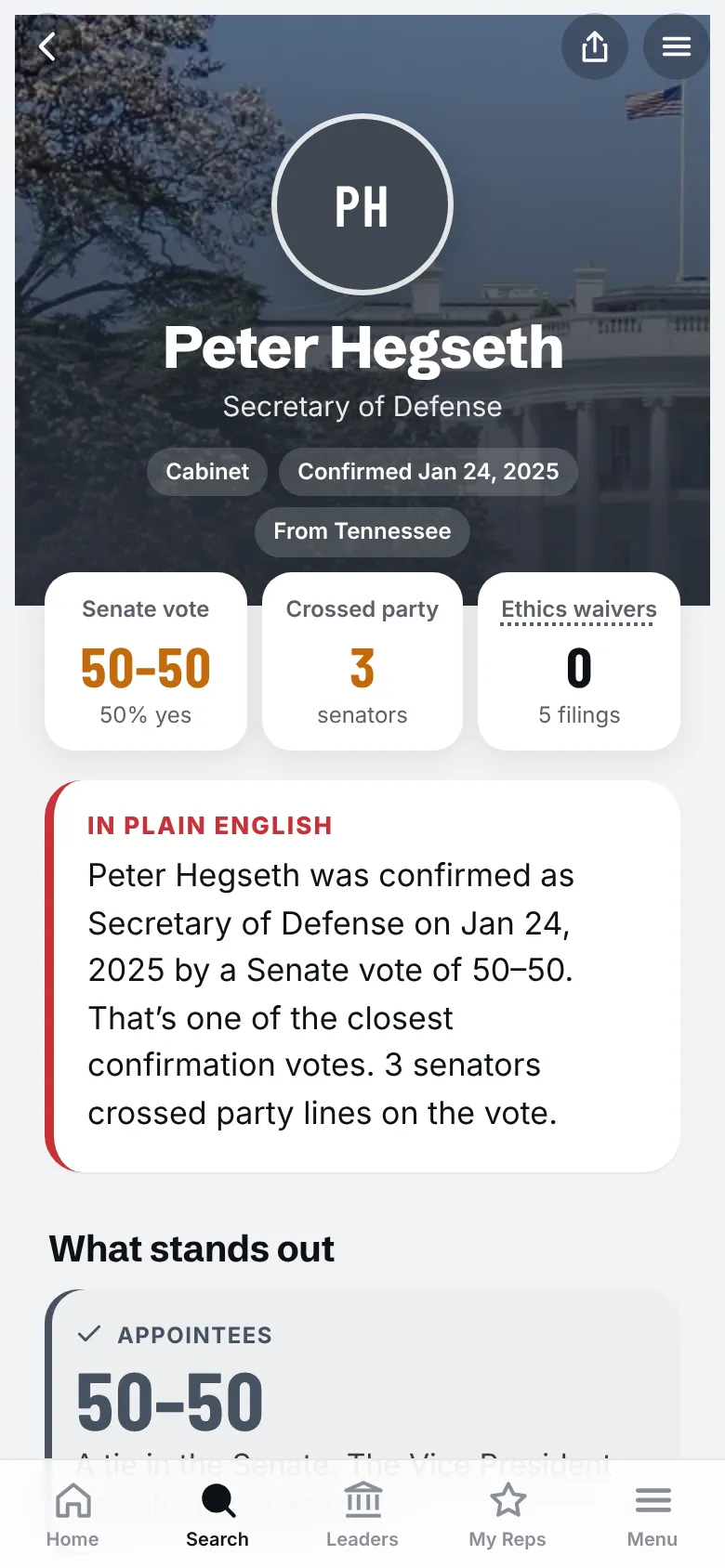 Top of Pete Hegseth's profile with his confirmation vote