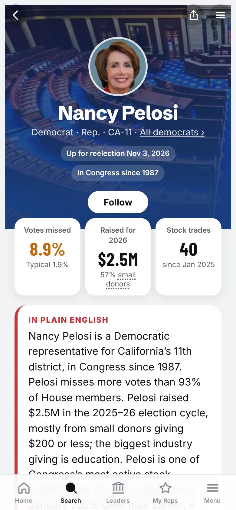 Plain-English summary at the top of Nancy Pelosi’s profile