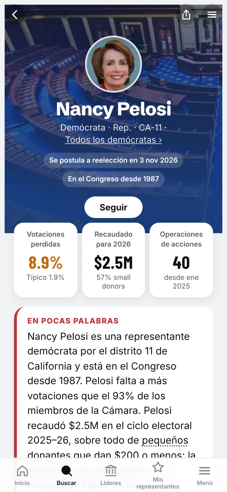 Nancy Pelosi’s profile in Spanish